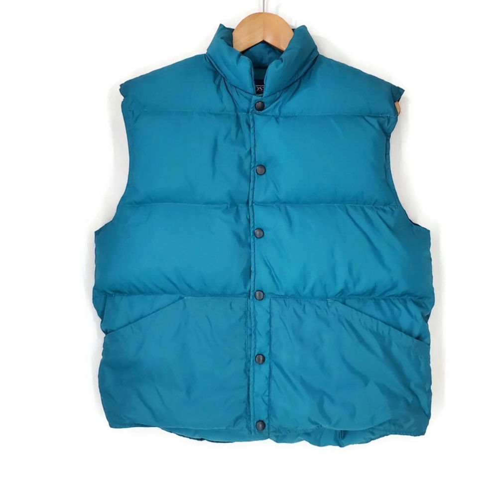 Lands End Unisex Goose Down Puffer Vest Sleeveless Jacket Green Snap Front SZ M